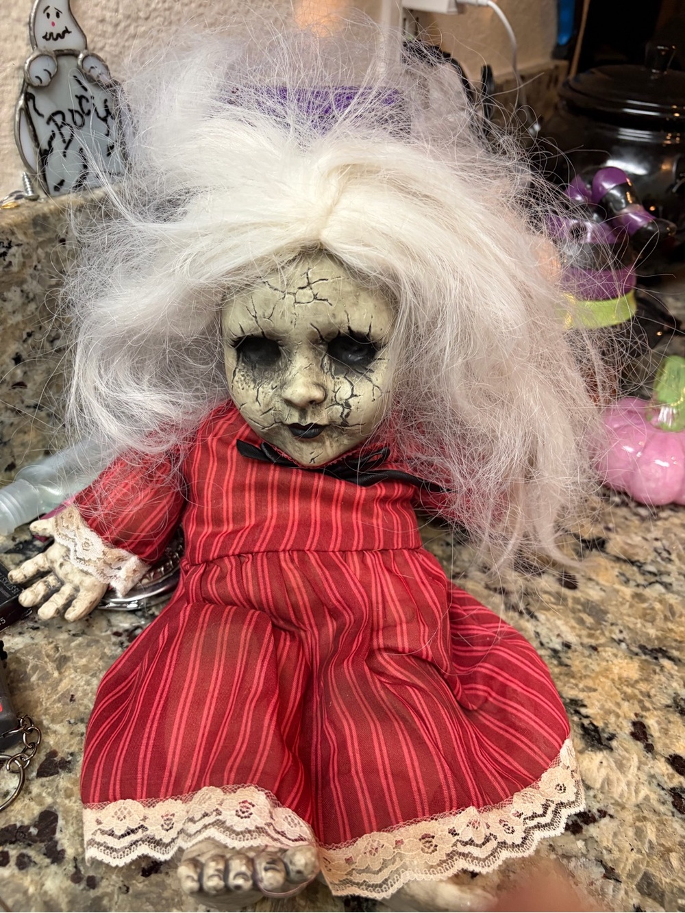 Creepy Crackle-Finish Doll in Red Dress –